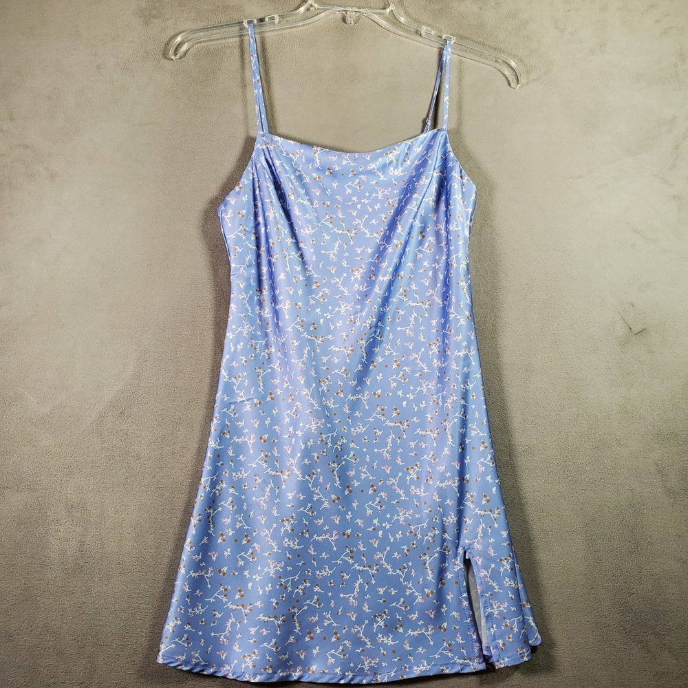 Hello Molly Y2K Slip Dress‎ Womens S Blue Floral Satin Mini Slit Coquette Fairy